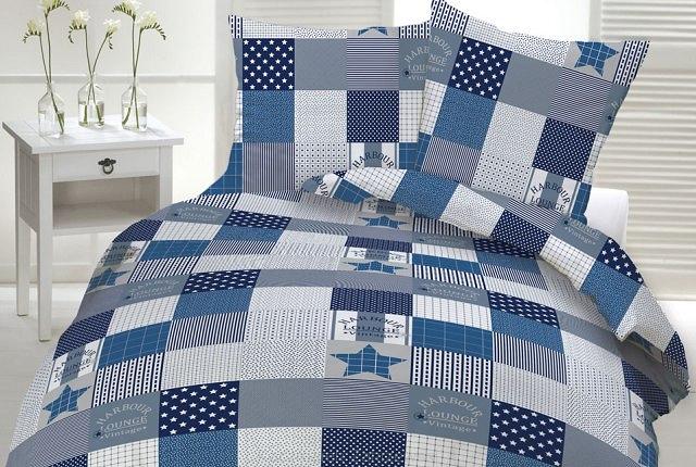 Pościel z kory 200x220 wzór krata szaro-niebieska