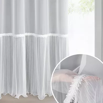 Firana gotowa na przelotkach HANA 140x250 Eurofirany biała zdobiona na dole koronką z perełkami i falbaną