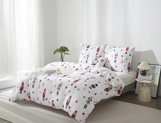 Biała Pościel Świąteczna Satyna Bawełniana z Nadrukiem 160x200 Xmass Nutcracker