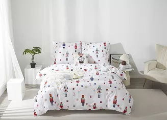 Biała Pościel Świąteczna Satyna Bawełniana z Nadrukiem 160x200 Xmass Nutcracker