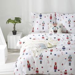 Biała Pościel Świąteczna Satyna Bawełniana z Nadrukiem 160x200 Xmass Nutcracker