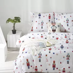 Biała Pościel Świąteczna Satyna Bawełniana z Nadrukiem 160x200 Xmass Nutcracker