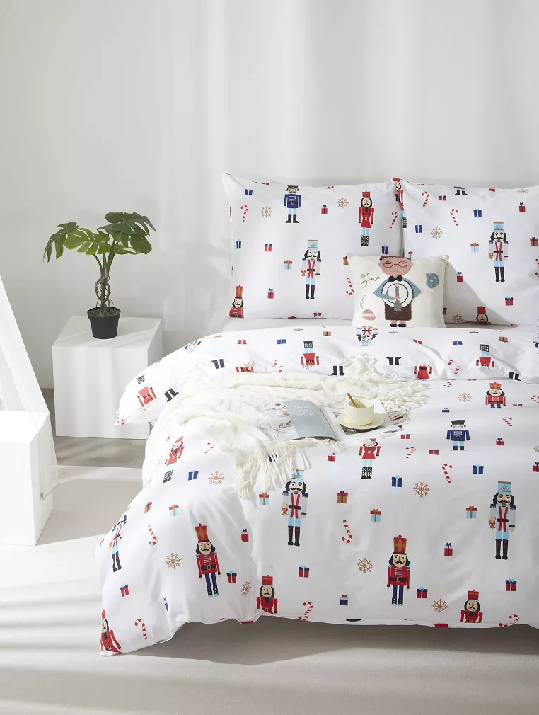 Biała Pościel Świąteczna Satyna Bawełniana z Nadrukiem 160x200 Xmass Nutcracker
