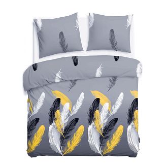 Pościel satyna bawełniana SATYNLOVE 220x200 szara w białe złote czarne pióra