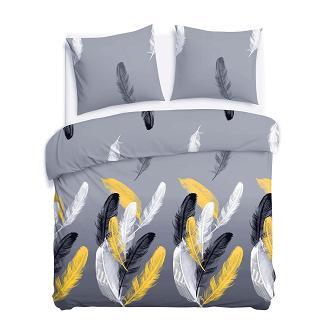 Pościel satyna bawełniana SATYNLOVE 220x200 szara w białe złote czarne pióra