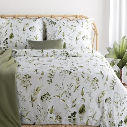 Pościel satynowa SPRING 220x200 Eurofirany oliwkowa biała botaniczny wzór