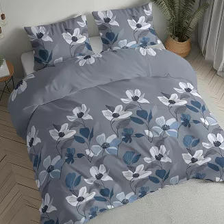 Pościel flanelowa 160x200 grafitowa malowane kwiaty i liście