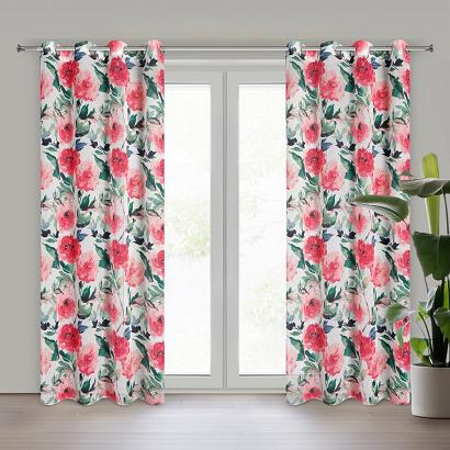 Zasłona gotowa na przelotkach ALESIA 140x250 Eurofirany biała w duże różowe kwiaty