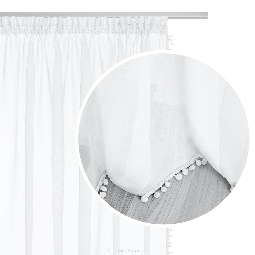 Firana gotowa na taśmie POMPOO 140x270 biała z pomponami