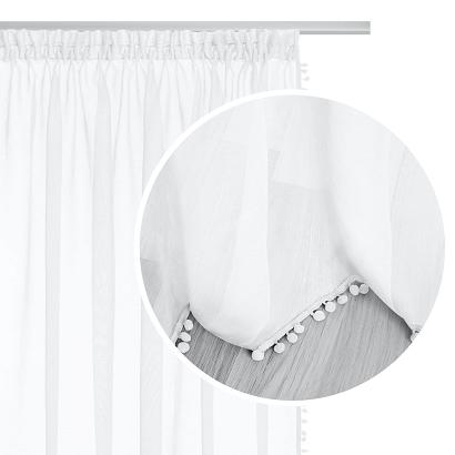 Firana gotowa na taśmie POMPOO 140x270 biała z pomponami