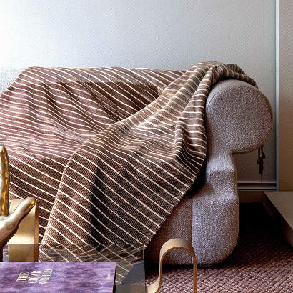 Koc bawełniano-akrylowy 150x200 brązowy beżowy karmelowy z frędzlami w pasy