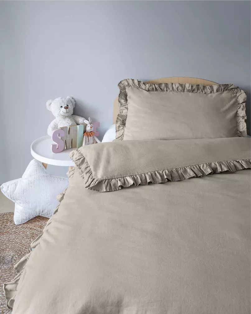 POŚCIEL BAWEŁNIANA TAUPE Z FALBANĄ /100X135/ mayamoo