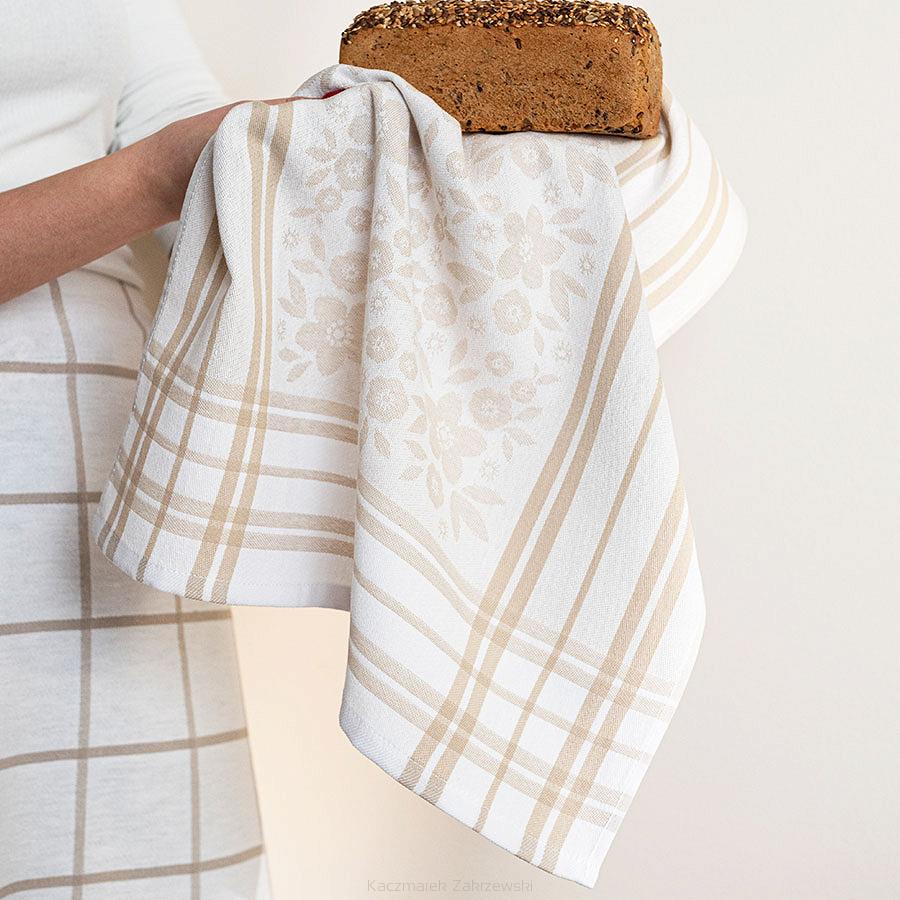 Ścierka kuchenna bawełna egipska FIOŁKA 50x70 kwiaty kratka beżowa