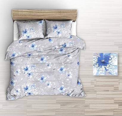Pościel z kory 140x200 szara duże niebieskie rysowane kwiaty