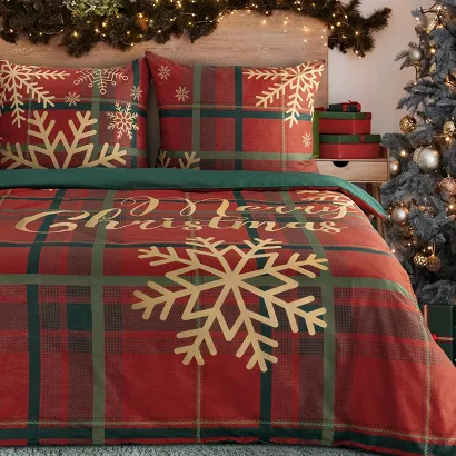 Komplet pościeli świąteczny ESTRELLA 140x200 Eurofirany czerwony butelkowa zieleń krata Merry Christ