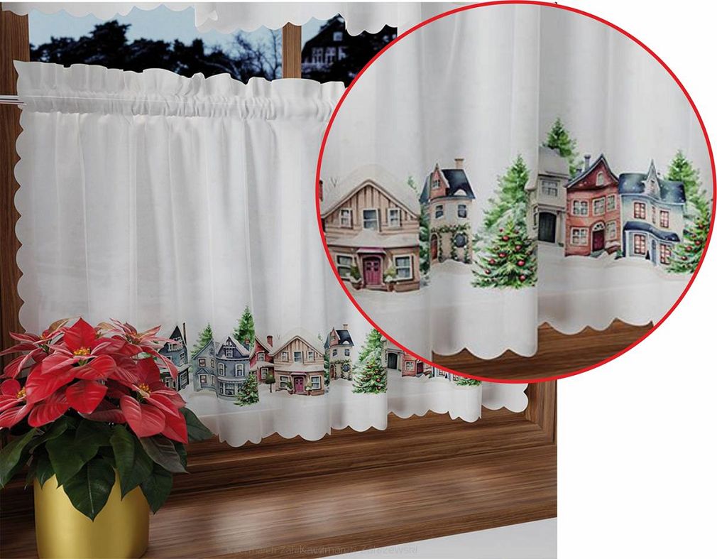 Zazdrostka świąteczna ZIMOWE MIASTECZKO 100x60 biała wielokolorowa domki choinki
