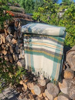 Koc wełniany z frędzlami Krzyś II 160x200 kratka ekri zielony grafitowy