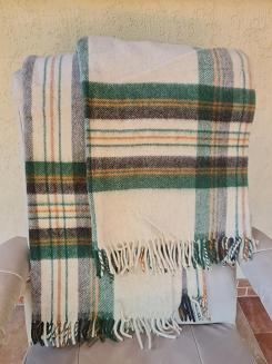 Koc wełniany z frędzlami Krzyś II 160x200 kratka ekri zielony grafitowy