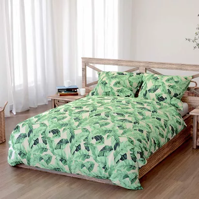 Pościel bawełniana PLANTA 200x220 beżowa zielone liście