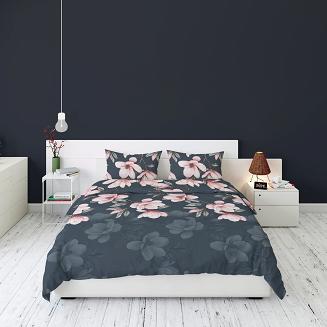 Pościel flanelowa 160x200 granatowa różowa kwiaty magnolii