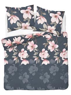 Pościel flanelowa 160x200 granatowa różowa kwiaty magnolii