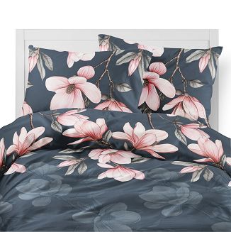 Pościel flanelowa 160x200 granatowa różowa kwiaty magnolii