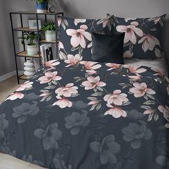 Pościel flanelowa 160x200 granatowa różowa kwiaty magnolii