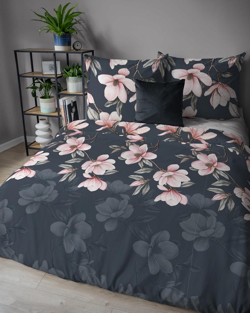 Pościel flanelowa 160x200 granatowa różowa kwiaty magnolii