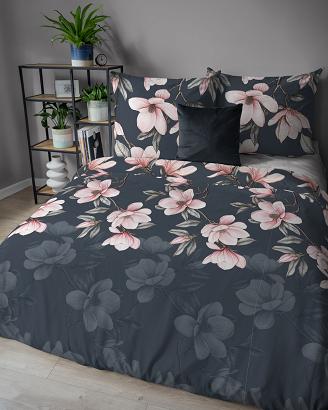 Pościel flanelowa 160x200 granatowa różowa kwiaty magnolii
