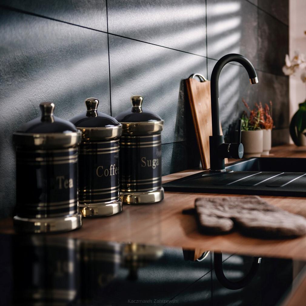 Pojemniki ceramiczne do kuchni ADELA komplet 3 szt. czarne złote kawa herbata cukier