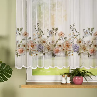 Firanka żakardowa na szelkach KWIATY Z EFEKTEM WYSZYWANIA 240x140 biała