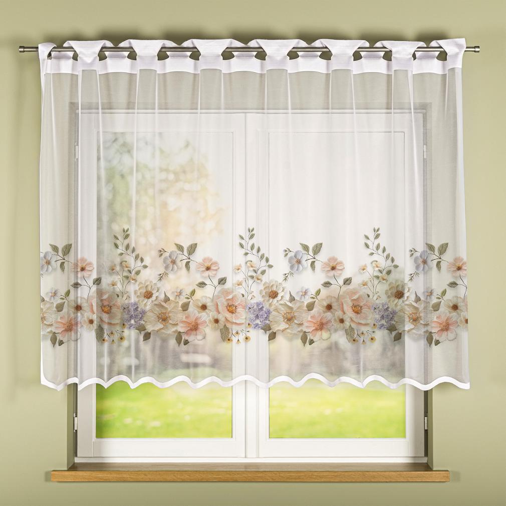 Firanka żakardowa na szelkach KWIATY Z EFEKTEM WYSZYWANIA 240x140 biała