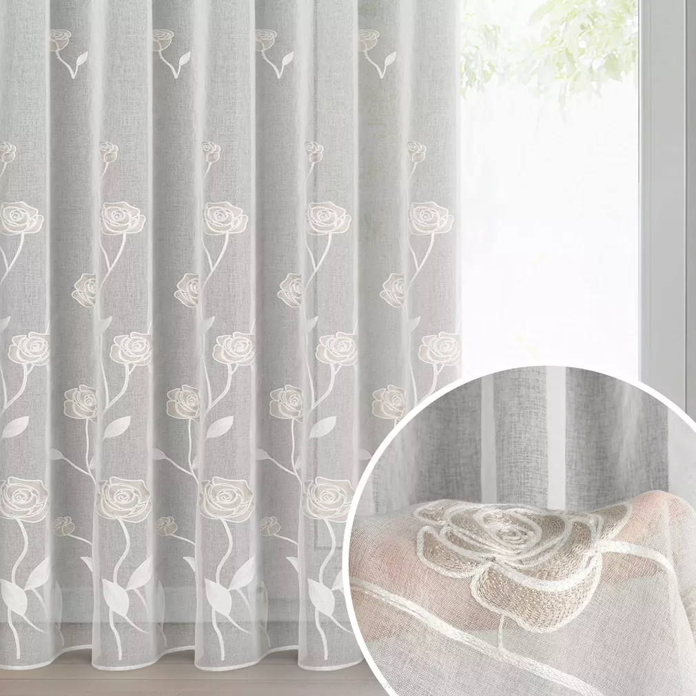 Firana gotowa na taśmie ROSALY 140x270 Eurofirany kremowa z etaminy beżowy haft kwiaty róże