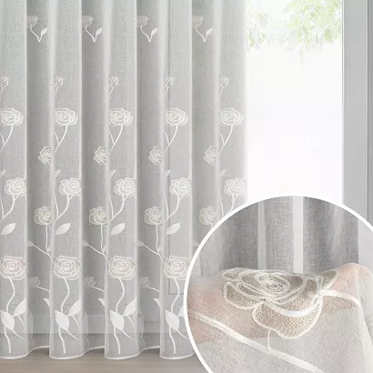 Firana gotowa na taśmie ROSALY 140x270 Eurofirany kremowa z etaminy beżowy haft kwiaty róże