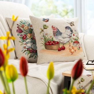 Poszewka dekoracyjna gobelin 45x45 Eurofirany naturalna wielokolorowa kwoka i kurczęta
