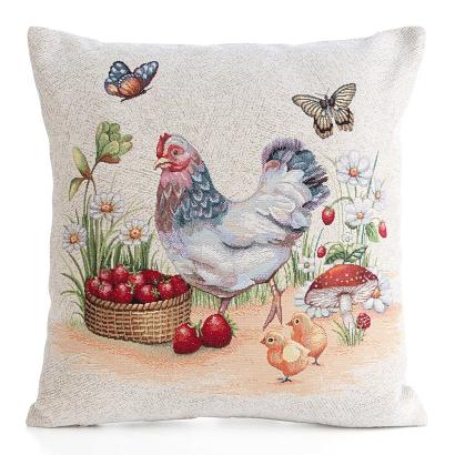 Poszewka dekoracyjna gobelin 45x45 Eurofirany naturalna wielokolorowa kwoka i kurczęta