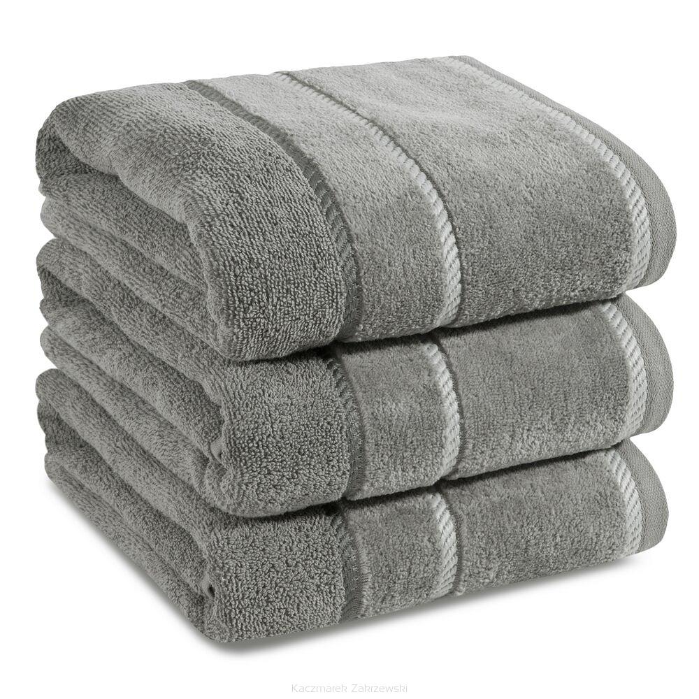 Ręcznik bawełniany z welurową bordiurą w ozdobne paseczki NEL 70x140 Eurofirany stalowy