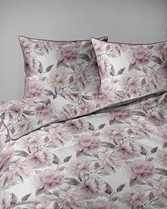 Pościel z perkalu Lamé Percale 160x200 biała w różowe kwiaty ozdobna lamówka biza