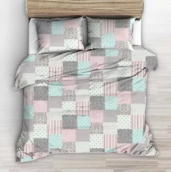 Pościel z kory 160x200 wzór różowa turkusowa kratka patchwork