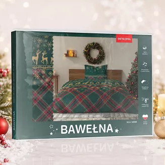 Pościel bawełniana świąteczna 140x200 Detexpol zielona czerwona w złote renifery i śnieżynki