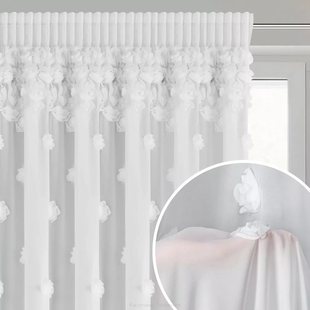 Firana gotowa na taśmie DIANA 350x270 Eurofirany biała z szyfonu ozdobiona aplikacją w róże 3D