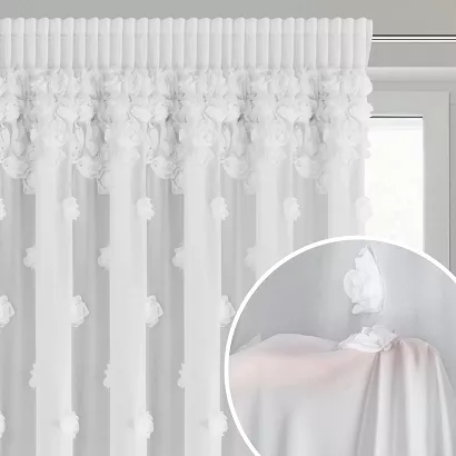 Firana gotowa na taśmie DIANA 350x270 Eurofirany biała z szyfonu ozdobiona aplikacją w róże 3D