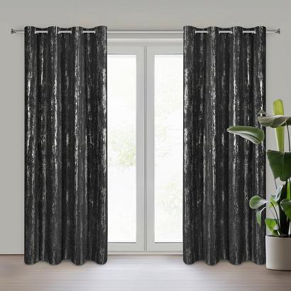 Zasłona gotowa na przelotkach LIBI 140x250 Eurofirany czarna srebrna błyszczący przecierany nadruk