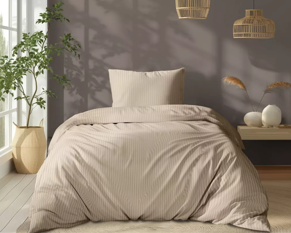 Pościel satyna bawełniana adamaszek Pure 140x200 piaskowa pasek 1 cm