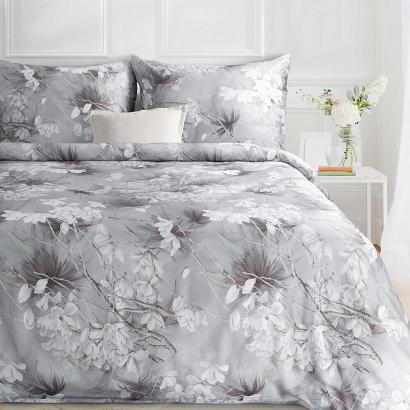 Pościel satynowa PREMIUM31 220x200 Eurofirany jasnoniebieska szara biała duże kwiaty