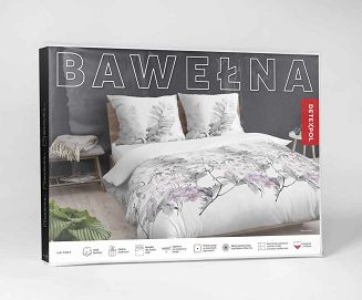 Pościel bawełniana 160x200 Detexpol biała fioletowa w liście i gałązki