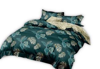 Komplet pościeli dwustronnej 200x220 szmaragdowa beżowa w liście