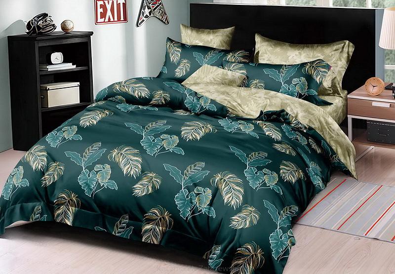 Komplet pościeli dwustronnej 200x220 szmaragdowa beżowa w liście