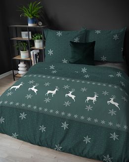 Pościel flanelowa świąteczna 160x200 zielona renifery śnieżynki