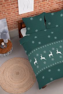 Pościel flanelowa świąteczna 160x200 zielona renifery śnieżynki